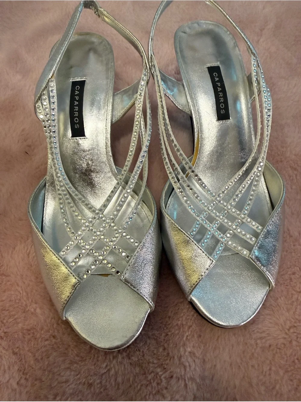 Caparros Metallic Silver Rhinestone Slingback Heels